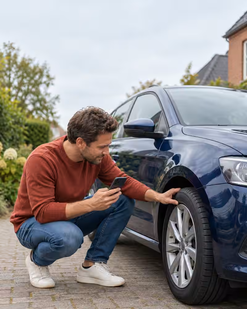 Autobezitter controleert de bandenmaat op de zijkant van een autoband